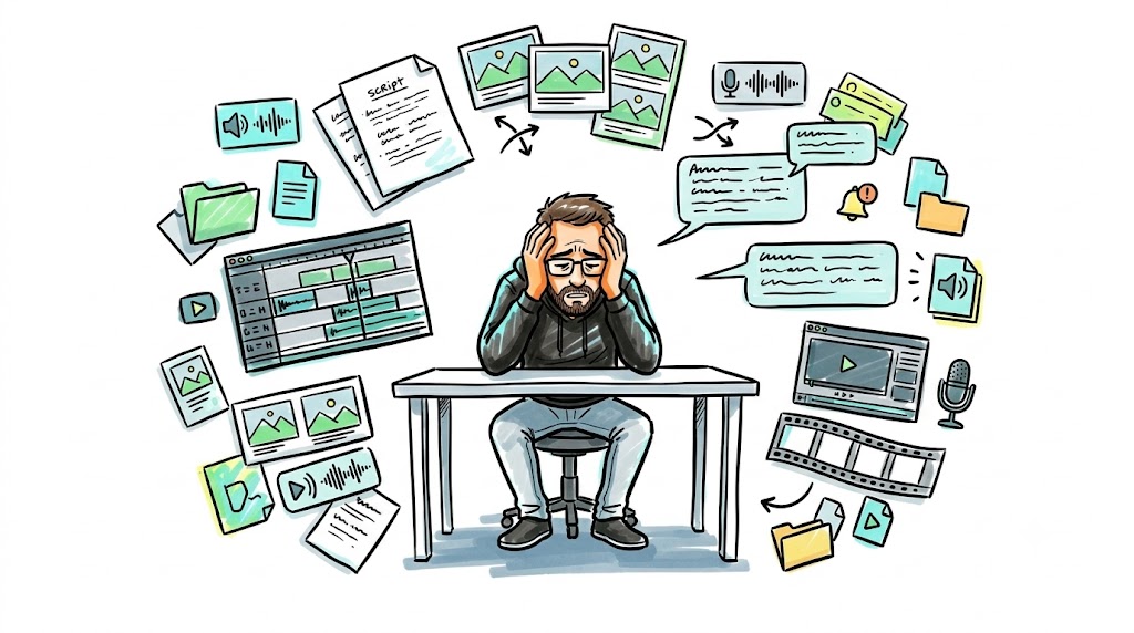 An overwhelmed business owner surrounded by scripts, editing timelines, stock images, voice files, and freelancer messages.