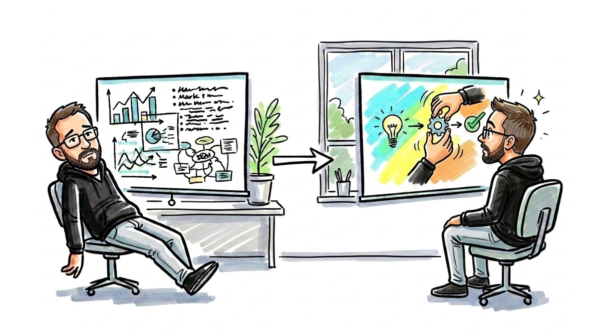 A viewer losing interest in a crowded presentation, then becoming focused as a simple drawing unfolds one step at a time.