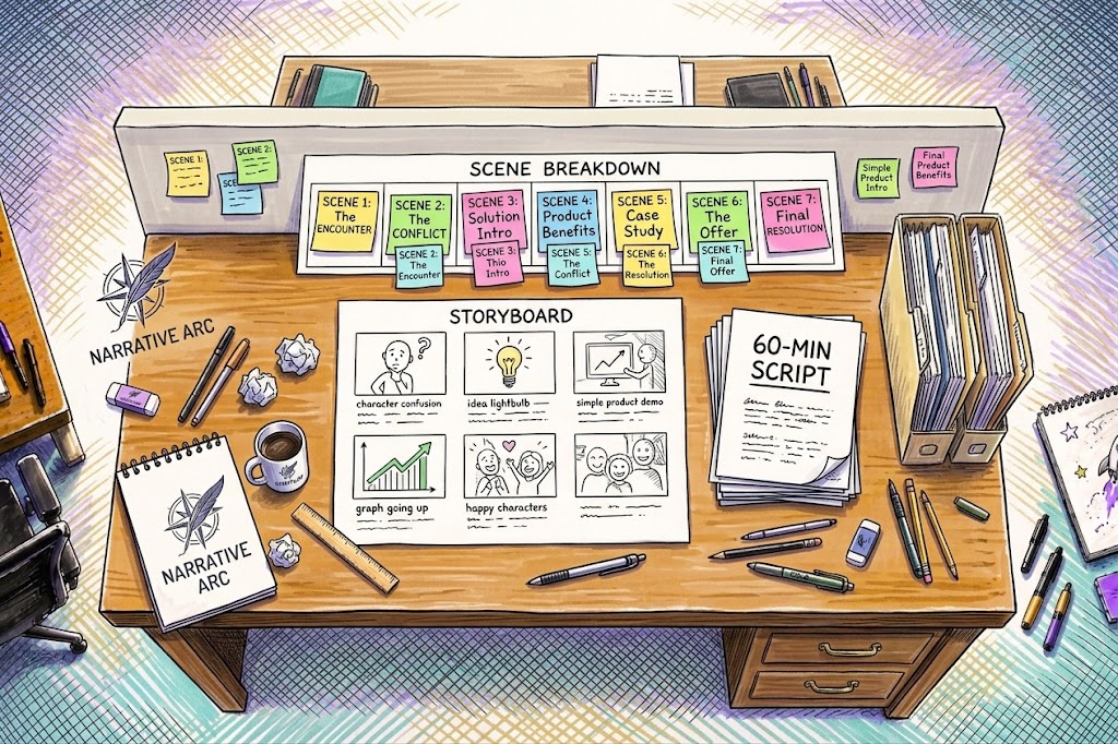 A desk covered with a scene breakdown, storyboard sketches, and a 60-minute script — the Doodle Video Test Drive in progress.